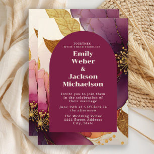 Bold Plum Gold Floral Arch Wedding Invitation