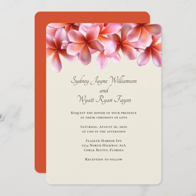 Bold Plumeria Floral Border Simple Wedding Invitation (Front/Back)
