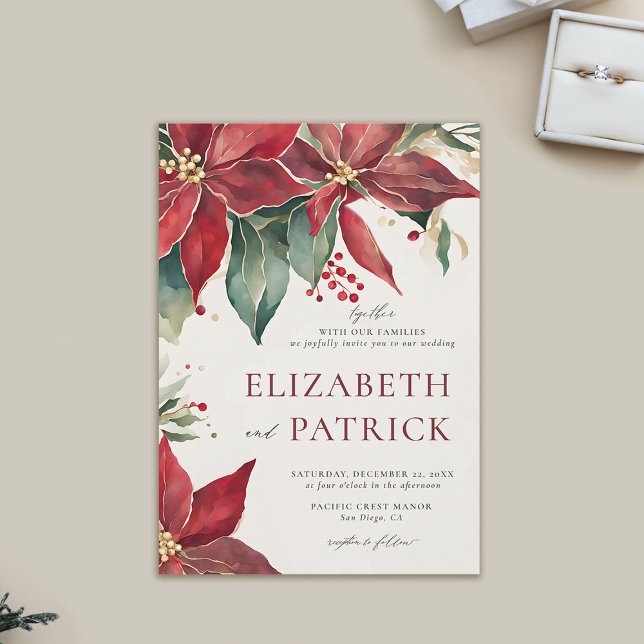 Bold Poinsettia Elegant Christmas Winter Wedding Invitation (winter wedding invitation modern christmas watercolor poinsettia elegant rustic bohemian)