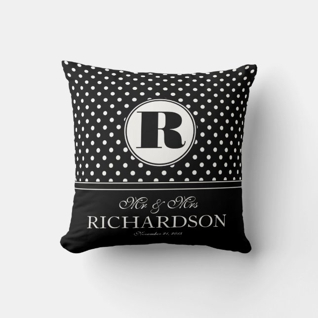Bold Polka Dots Mr and Mrs Newlywed Monogram Throw Pillow (Front)