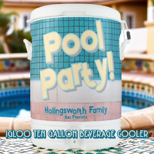 Bold Pool Party, Retro Style Pink/White/Teal Tiles Beverage Cooler