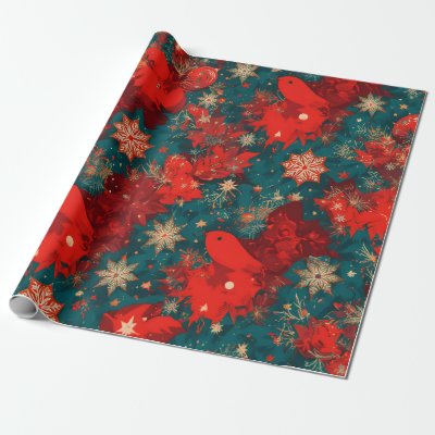 Bold Pop Art Christmas Floral with Birds Wrapping Paper
