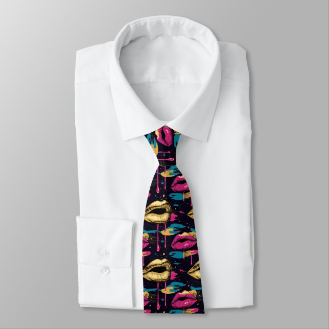 Bold Pop Art Lips Pattern with Vibrant Drips  Neck Tie (Tied)