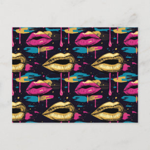 Bold Pop Art Lips Pattern with Vibrant Drips Postcard