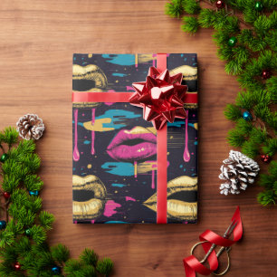 Bold Pop Art Lips Pattern with Vibrant Drips  Wrapping Paper