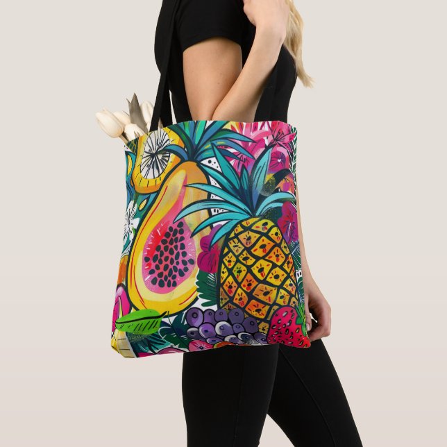 Bold Pop Art Papaya Pineapple Tropical Pattern  Tote Bag (Close Up)