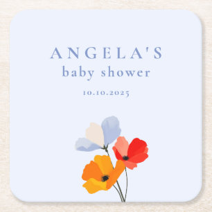 Bold Poppy Floral Baby Shower Square Paper Coaster