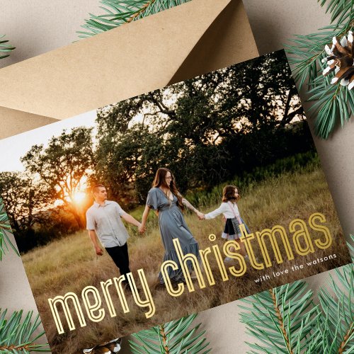 Bold Pressed Outlined GOLD Merry Christmas Photo Foil Holiday Card