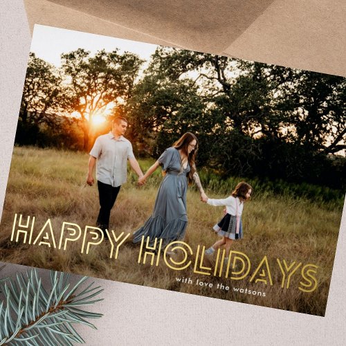 Bold Pressed Outlined GOLD Photo Elegant Happy Foil Holiday Card