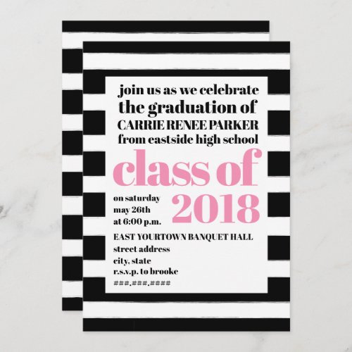 Bold Print Pink Black  White Stripe Graduation Invitation