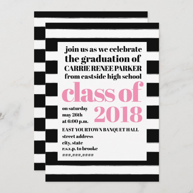 Bold Print Pink Black + White Stripe Graduation Invitation (Front/Back)
