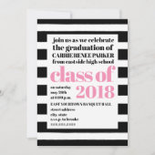 Bold Print Pink Black + White Stripe Graduation Invitation (Front)