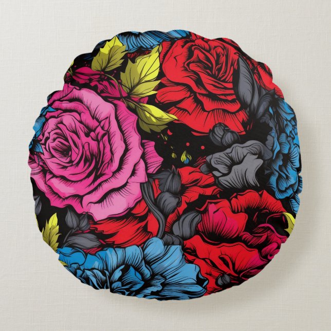 Bold Punk Blooms Floral Round Pillow (Front)