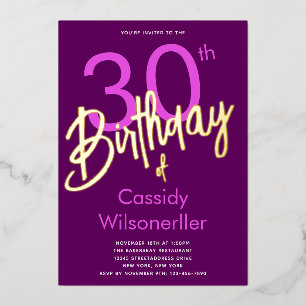 Bold Purple 30th Birthday Gold Foil Invitation