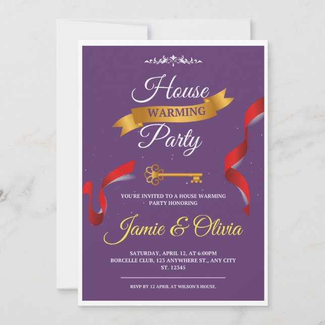 Bold purple and gold housewarming Party Invitation (Front)