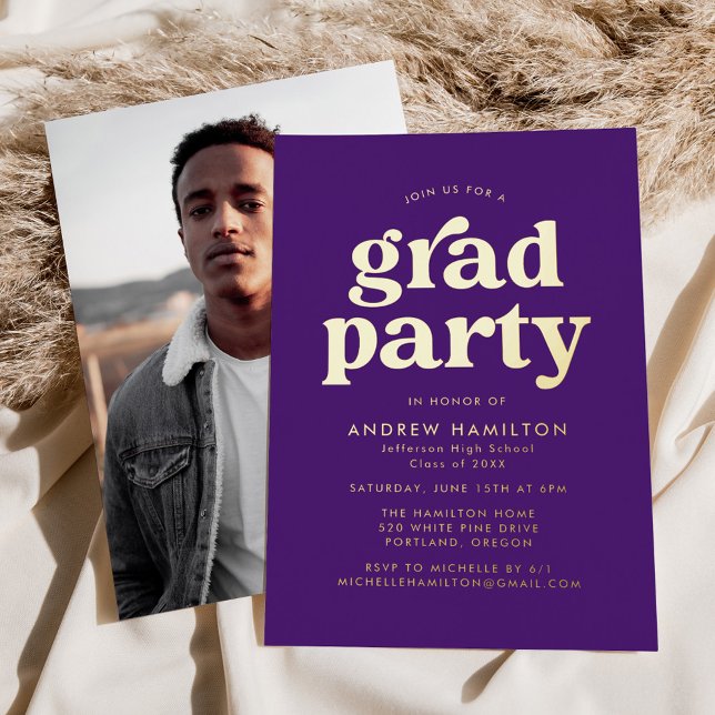 Bold Purple and Gold Photo Graduation Party Foil Invitation (Creator Uploaded)