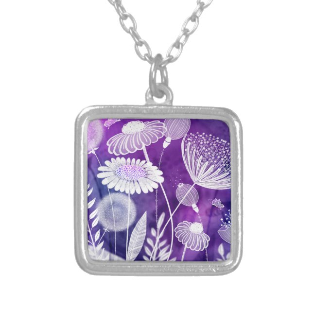Bold Purple and Violet Wild Flower Art Silver Plated Necklace (Front)