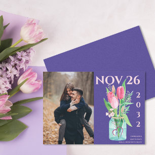 Bold Purple & Blush Floral Photo Save the Date Announcement
