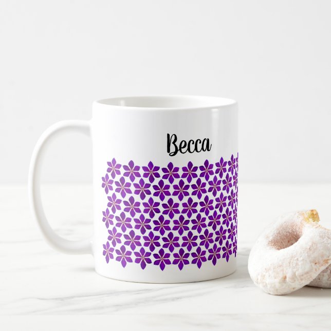 Bold Purple Clematis Flower Pattern Personalized Coffee Mug (With Donut)