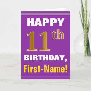 Bold, Purple, Faux Gold 11th Birthday w/ Name Card