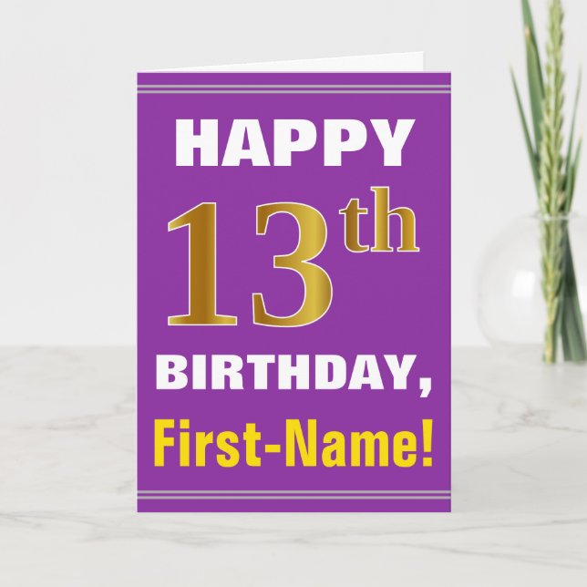 Bold, Purple, Faux Gold 13th Birthday w/ Name Card (Front)