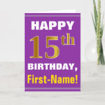 [ Thumbnail: Bold, Purple, Faux Gold 15th Birthday W/ Name Card ]