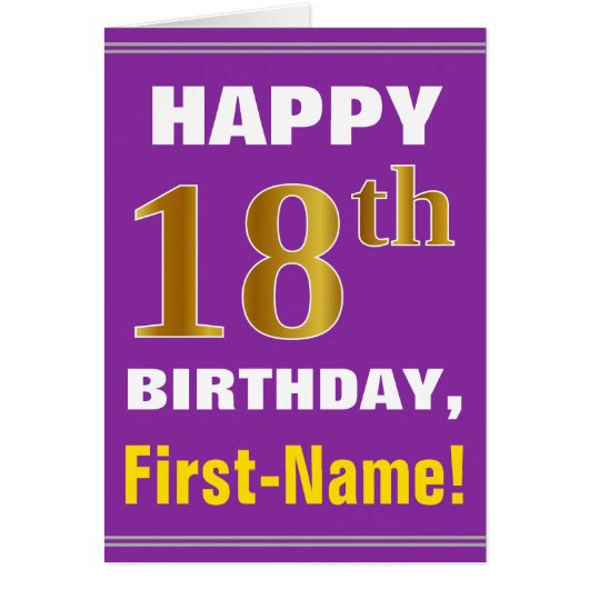 Bold, Purple, Faux Gold 18th Birthday w/ Name Card (Front)