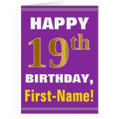 Bold, Purple, Faux Gold 19th Birthday w/ Name Card (Front)