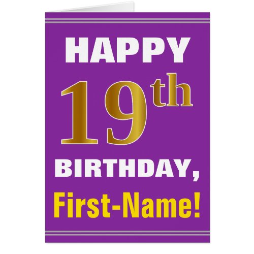 Bold Purple Faux Gold 19th Birthday w Name Card