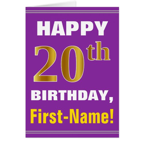 Bold Purple Faux Gold 20th Birthday w Name Card