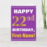 [ Thumbnail: Bold, Purple, Faux Gold 22nd Birthday W/ Name Card ]