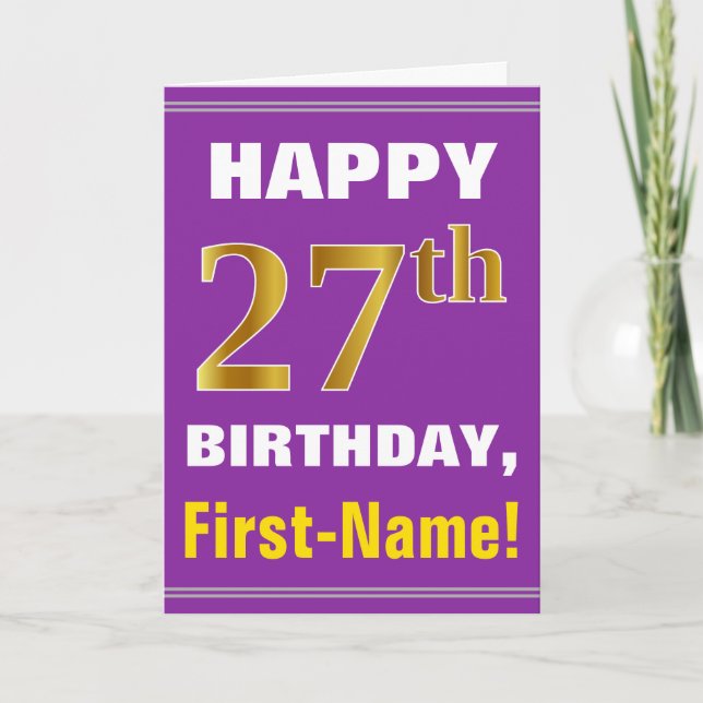Bold, Purple, Faux Gold 27th Birthday w/ Name Card (Front)