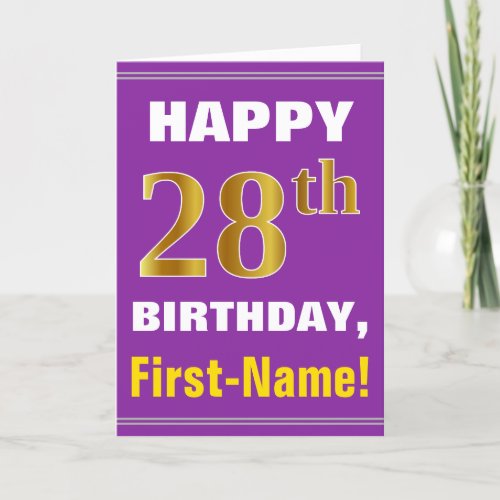Bold Purple Faux Gold 28th Birthday w Name Card