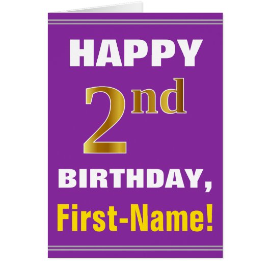 Bold, Purple, Faux Gold 2nd Birthday w/ Name Card (Front)