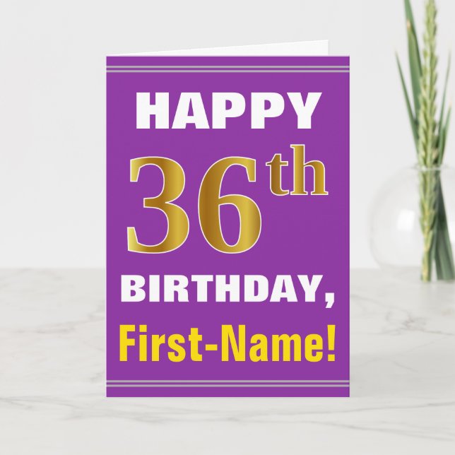 Bold, Purple, Faux Gold 36th Birthday w/ Name Card (Front)