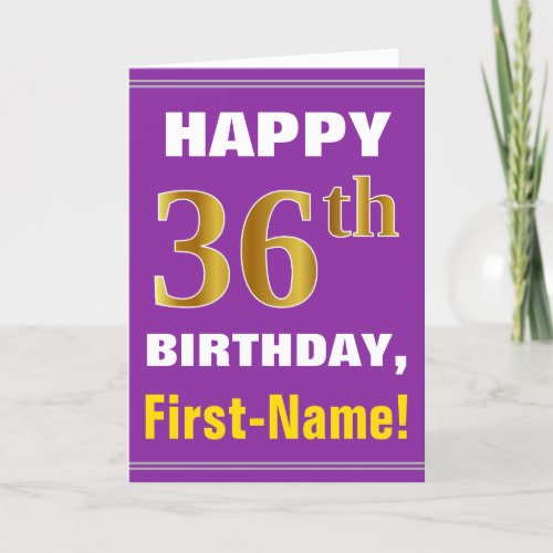 Bold Purple Faux Gold 36th Birthday w Name Card