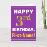 [ Thumbnail: Bold, Purple, Faux Gold 3rd Birthday W/ Name Card ]