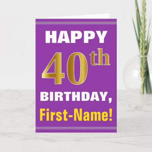 Bold Purple Faux Gold 40th Birthday w Name Card