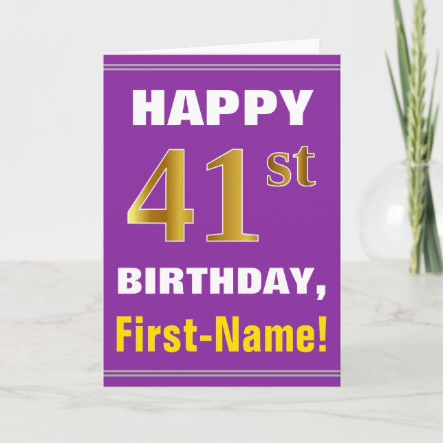 Bold, Purple, Faux Gold 41st Birthday w/ Name Card (Front)