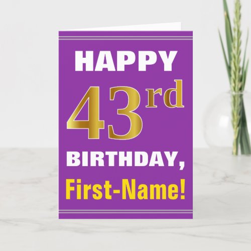 Bold Purple Faux Gold 43rd Birthday w Name Card
