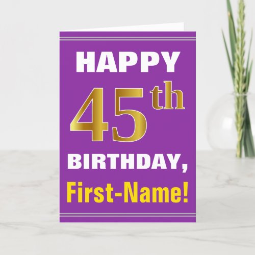 Bold Purple Faux Gold 45th Birthday w Name Card