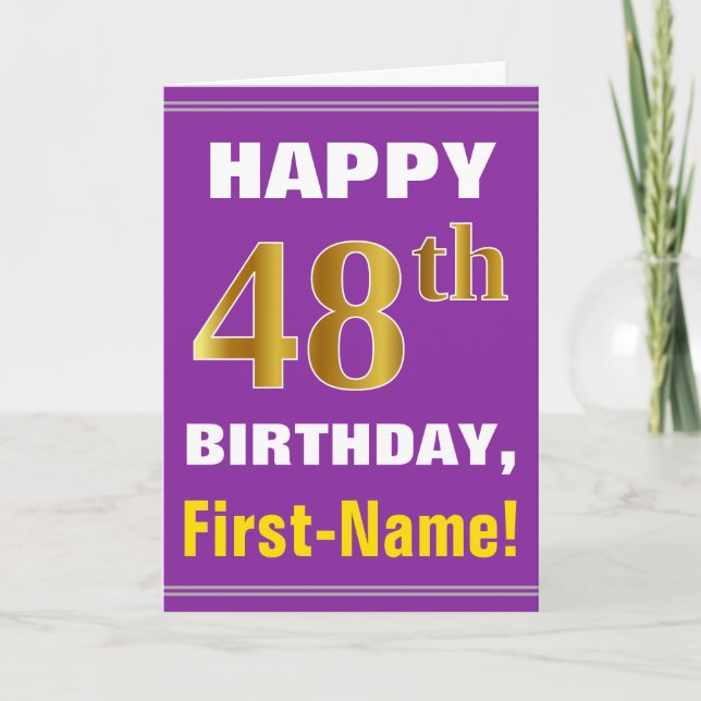Bold, Purple, Faux Gold 48th Birthday w/ Name Card (Front)