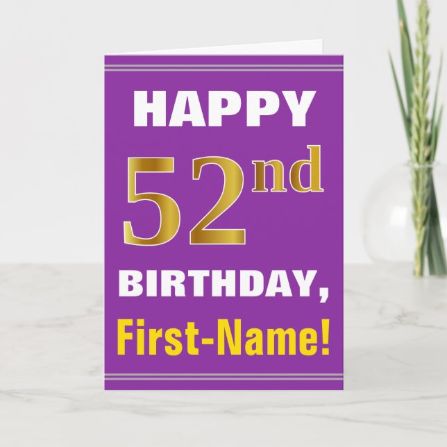 Bold, Purple, Faux Gold 52nd Birthday w/ Name Card (Front)