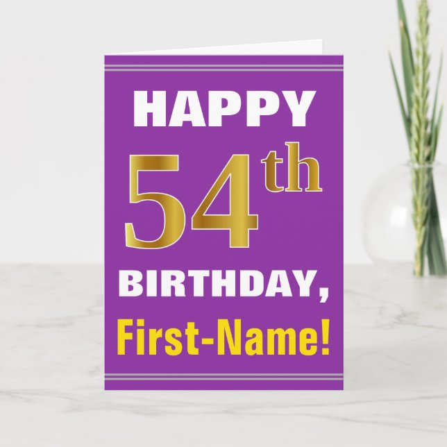 Bold, Purple, Faux Gold 54th Birthday w/ Name Card (Front)