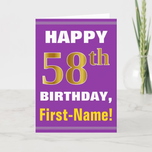 Bold Purple Faux Gold 58th Birthday w Name Card