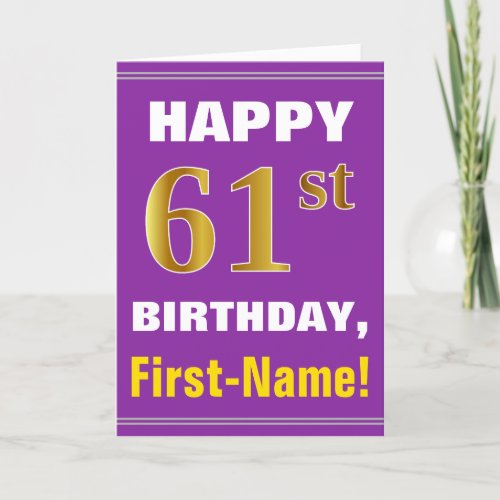 Bold Purple Faux Gold 61st Birthday w Name Card