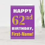 [ Thumbnail: Bold, Purple, Faux Gold 62nd Birthday W/ Name Card ]