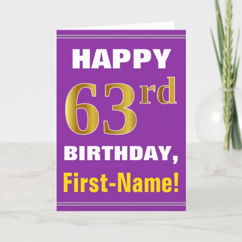 Bold Purple Faux Gold 63rd Birthday w Name Card