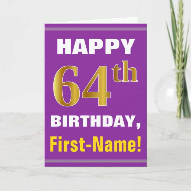 Bold, Purple, Faux Gold 64th Birthday w/ Name Card (Front)