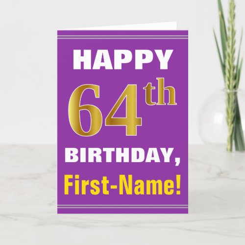 Bold Purple Faux Gold 64th Birthday w Name Card